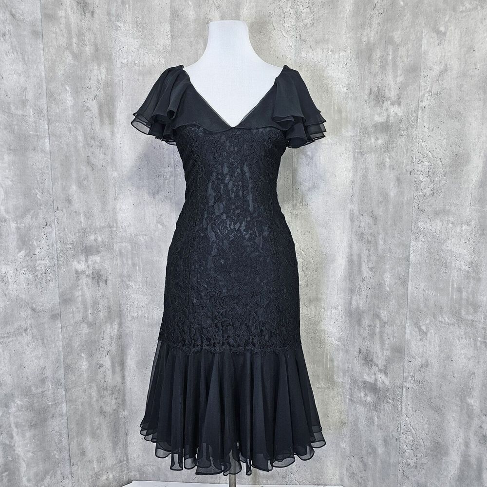 Vintage 80s‎ 90s Casadei Size M Black Lace Chiffon Flutter Sleeve Cocktail Dress